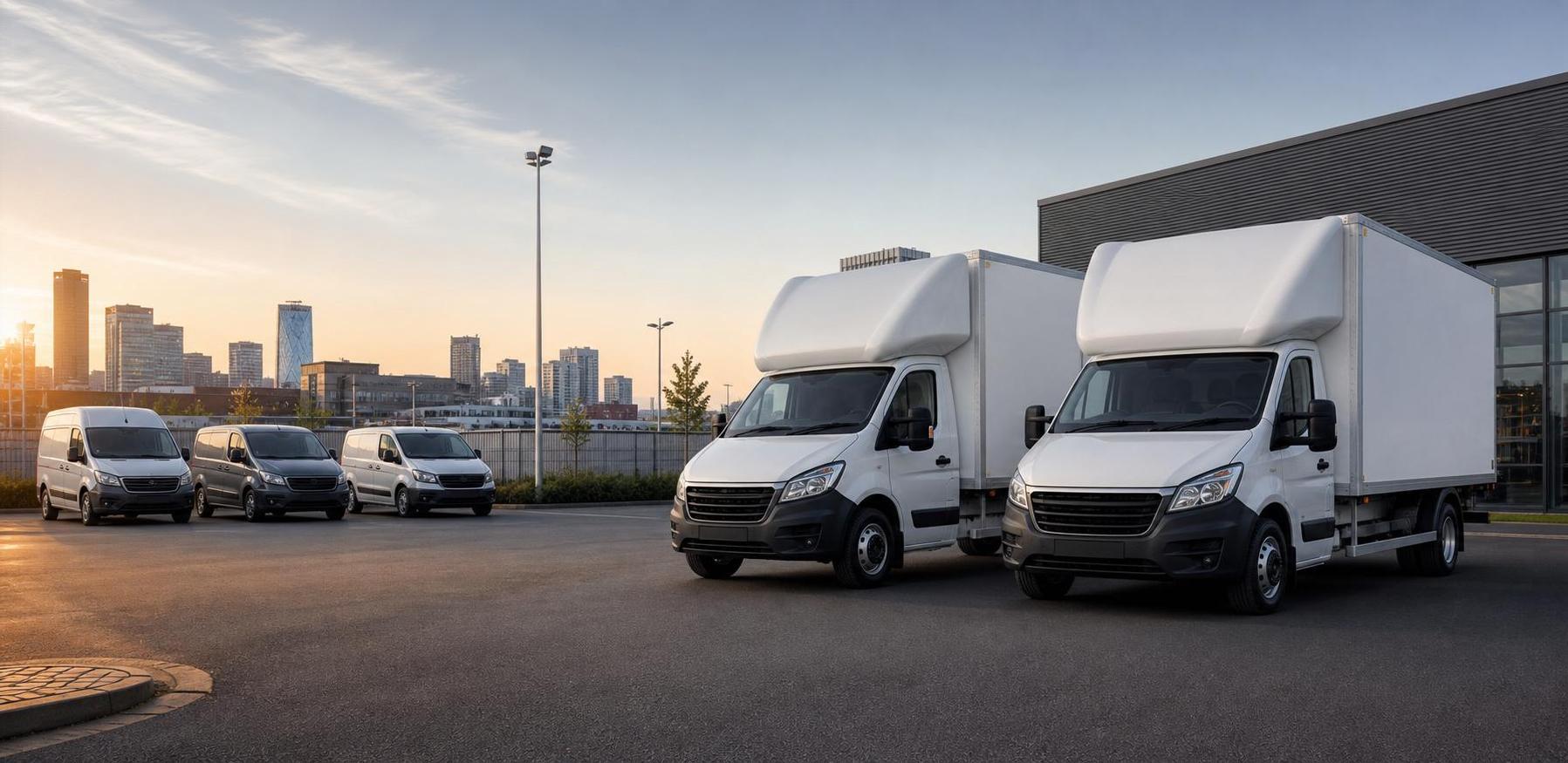 Clean Birmingham hire fleet with Luton vans parked in a tidy commercial forecourt.