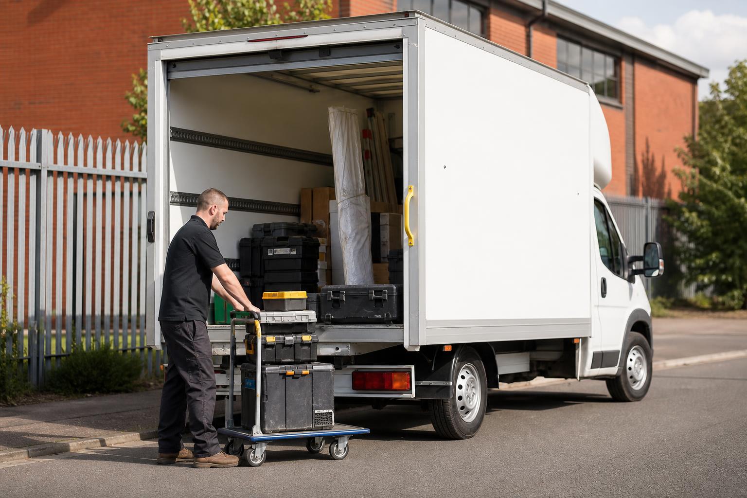 White Luton van unloading trade materials near an industrial estate in Walsall.