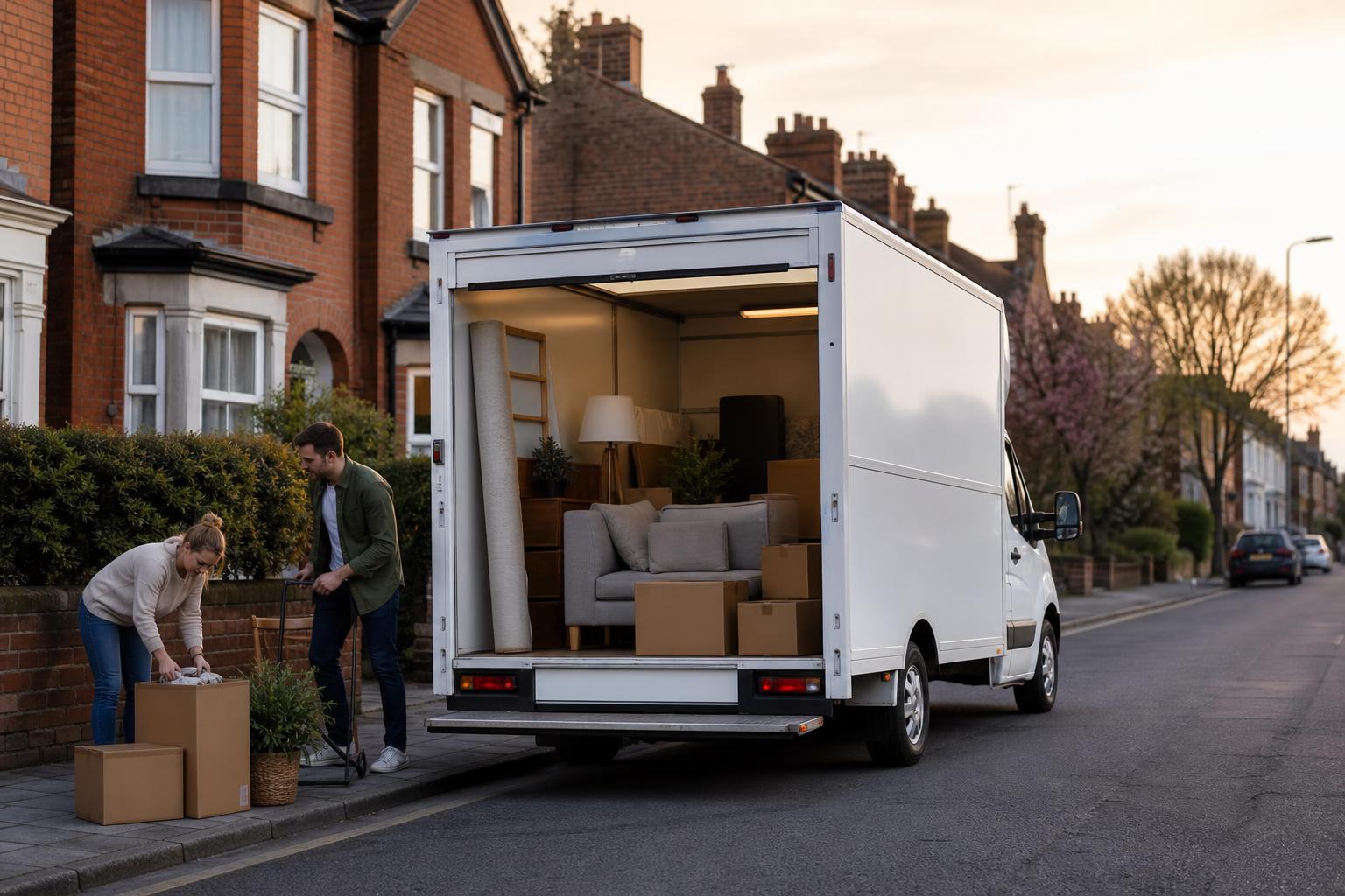 Luton hire van packed for a house move on a residential street in Dudley.