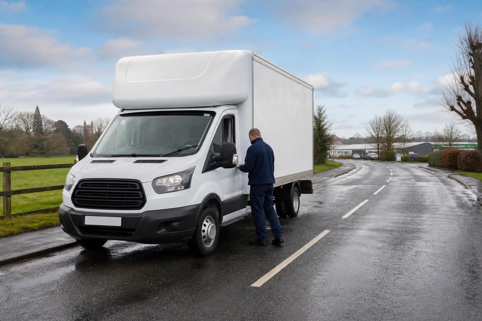 White Luton hire van ready to depart from a semi-rural commercial area in Bromsgrove.